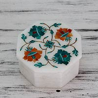 Marble inlay jewelry box, 'Forest Sunflowers' - Handcrafted Marble Inlay Jewelry Box