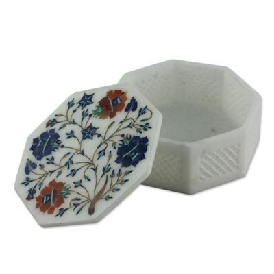 Marble inlay jewelry box, 'Forget Me Not' - Floral Marble Jewelry Box from India