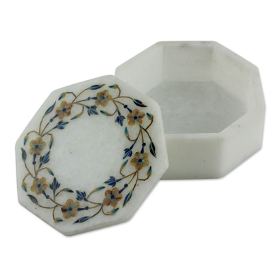 Marble inlay jewelry box, 'Garland' - Handmade Marble Inlay Jewelry Box