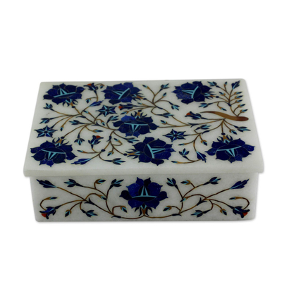 Marble inlay jewelry box, 'Wild Blue Flowers' - Unique Indian Marble Inlay jewellery Box