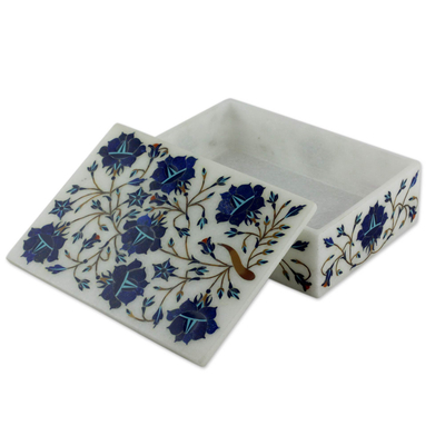 Marble inlay jewelry box, 'Wild Blue Flowers' - Unique Indian Marble Inlay Jewelry Box