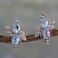 Blue topaz button earrings, 'Elegant Azure' - 4 Carat Blue Topaz Earrings