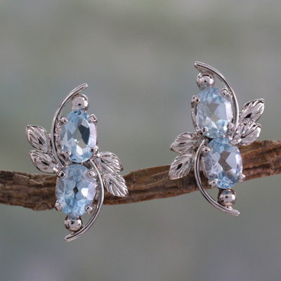 Blue topaz button earrings, 'Elegant Azure' - 4 Carat Blue Topaz Earrings