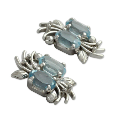 Blue topaz button earrings, 'Azure Treasure' - 4 Carat Blue Topaz and Sterling Silver Earrings