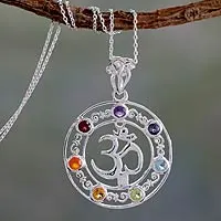 Multi-gemstone chakra necklace, 'Om Magnificence' - 6.3 Cts Multi-gemstone Medallion Necklace