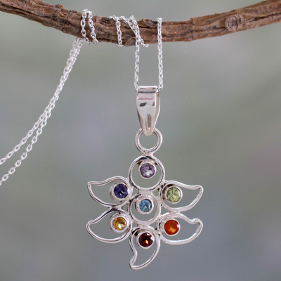 Collar de flores de chakra de múltiples piedras preciosas, 'Rainbow Dew' - Collar de plata de ley Joyería de chakras de múltiples piedras preciosas