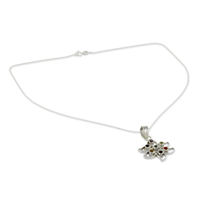 Multi-gemstone chakra flower necklace, 'Rainbow Dew' - Sterling Silver Necklace Multi Gemstone Chakra Jewelry