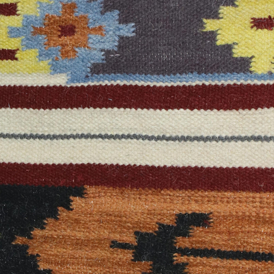 Dhurrie-Teppich aus Wolle, (4x6) - Tan und Orange Dhurrie mit lila Akzenten (4x6)