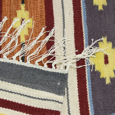Dhurrie-Teppich aus Wolle, (4x6) - Tan und Orange Dhurrie mit lila Akzenten (4x6)