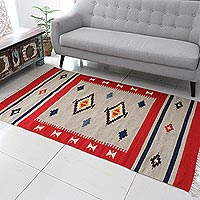 Wool dhurrie rug, 'Scarlet Sands' (4x6) - Multicolor Geometric Dhurrie Rug (4x6)
