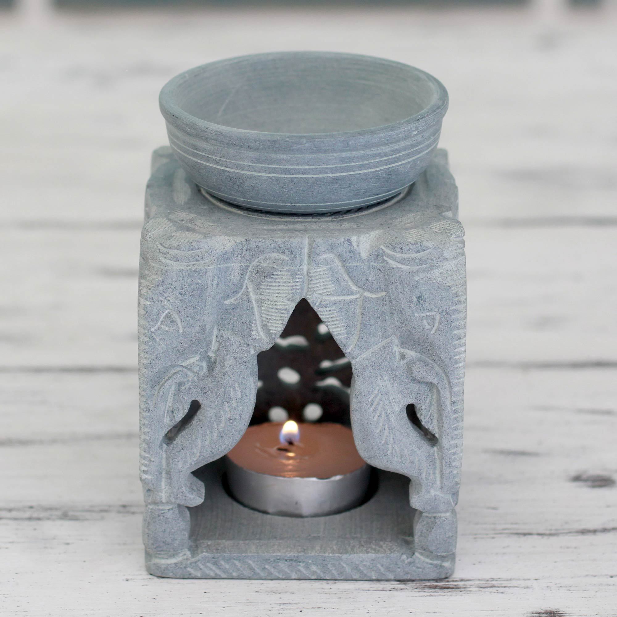 UNICEF Market Oil Warmer Handcarved of Soapstone Agra Elephants