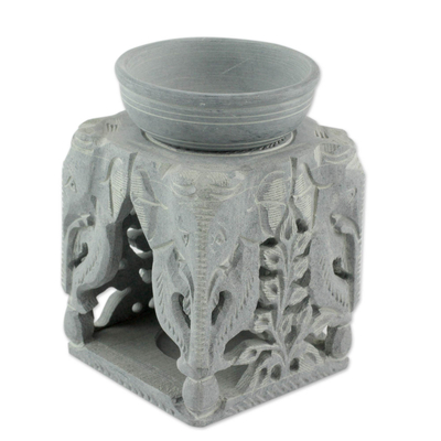 Soapstone oil warmer, 'Agra Elephants' - Oil Warmer Hand-carved of Soapstone
