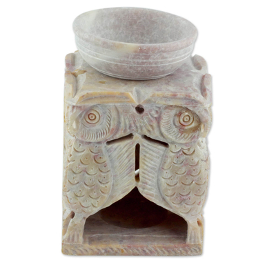 Soapstone oil warmer, 'Agra Owls' - Soapstone oil warmer Hand-carved