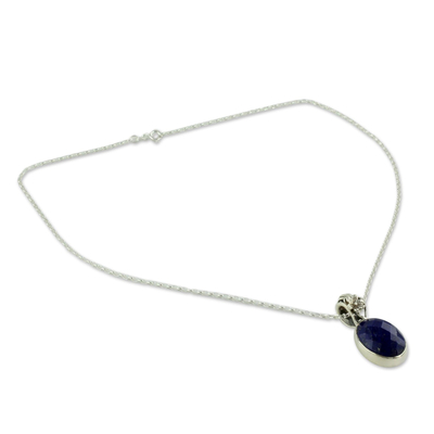 Lapis lazuli pendant necklace, 'Floral Facets' - Artisan Made Silver and Lapis Necklace