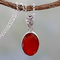 Carnelian pendant necklace, 'Radiant Facets' - Artisan Made Silver and Carnelian Necklace