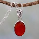 Carnelian pendant necklace, 'Radiant Facets' - Artisan Made Silver and Carnelian Necklace