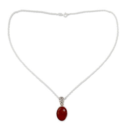 Carnelian pendant necklace, 'Radiant Facets' - Artisan Made Silver and Carnelian Necklace