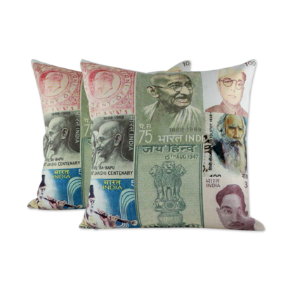 Cotton cushion covers, 'Back in Time I' (pair) - Square Cotton Cushion Pillow Covers (Pair)