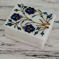Marble inlay jewelry box, 'Floral World Heritage' - Handcrafted Indian Floral Marble Inlay Jewelry Box