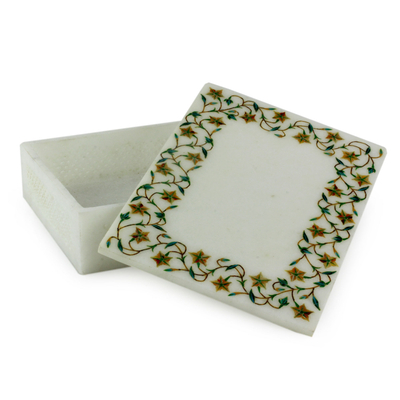 Marble inlay jewelry box, 'Jasmine Garland' - Fair Trade Jewelry Marble Inlay Jewelry Box