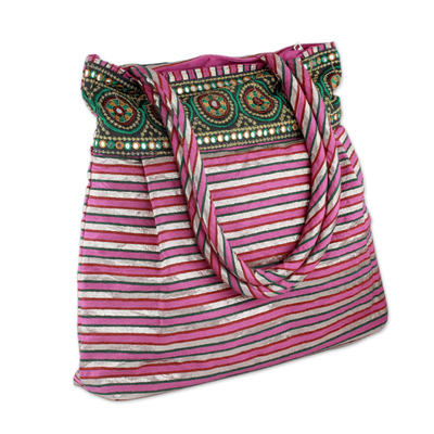 Bolso de hombro adornado, 'Pink Gujarat Legacy' - Bolsa de hombro con adornos de comercio justo
