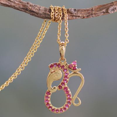 Gold vermeil ruby pendant necklace, 'Ganesha's Om' - Ruby and Gold Vermeil Necklace