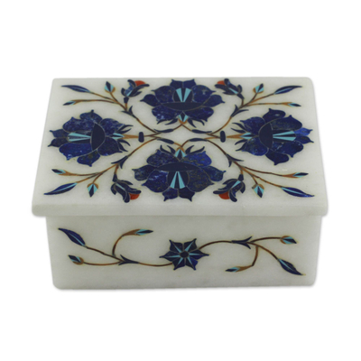 Marble inlay jewelry box, 'Blue Muse' - Handcrafted Marble Inlay Jewelry Box