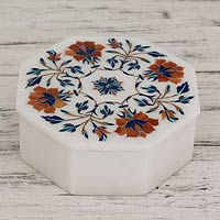 Marble inlay jewelry box, 'Floral Quartet' - Fair Trade Marble Inlay Jewelry Box