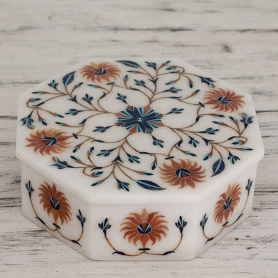 Marble inlay Jewellery box, 'Sunflower Bouquet' - Handcrafted Indian Floral Marble Inlay Jewellery Box