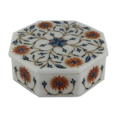 Marble inlay jewelry box, 'Sunflower Bouquet' - Handcrafted Indian Floral Marble Inlay Jewelry Box