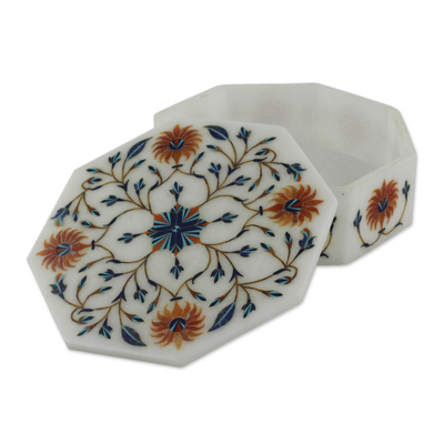 Marble inlay jewelry box, 'Sunflower Bouquet' - Handcrafted Indian Floral Marble Inlay Jewelry Box