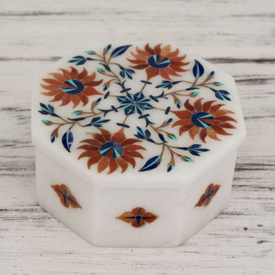 Marble inlay jewelry box, 'Sunflower Compass' - Floral Marble Jewelry Box from India