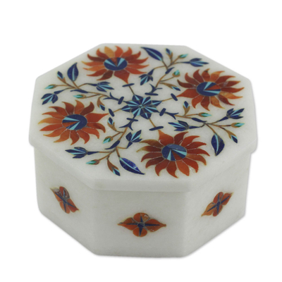 Marble inlay jewelry box, 'Sunflower Compass' - Floral Marble jewellery Box from India