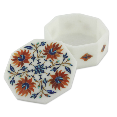 Marble inlay jewelry box, 'Sunflower Compass' - Floral Marble Jewelry Box from India