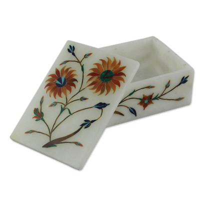 Marble inlay jewellery box, 'Sunflower Duet' - Floral Marble jewellery Box from India