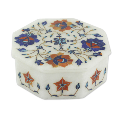 Marble inlay jewelry box, 'Swirling Blossoms' - Heptagonal Marble Inlay Jewelry Box