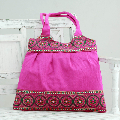 Embroidered shoulder bag, 'Fuchsia Mandalas' - India Fuchsia Embroidered Handbag with Sequins