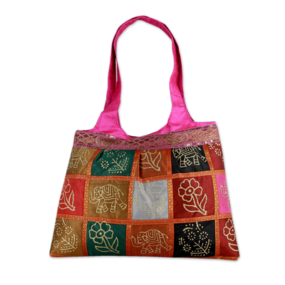 Hot Pink Tote Handbag with Golden Block Prints