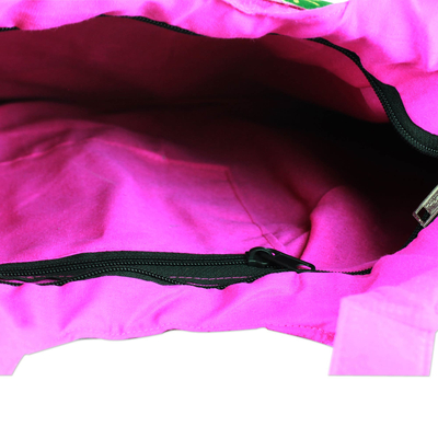 Verzierte Tote-Handtasche, „Fuchsia in Kutch“ – Hot Pink Tote-Handtasche mit goldenen Blockdrucken