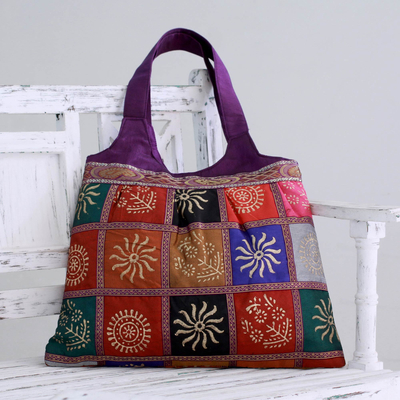 Embellished tote handbag, 'Purple in Kutch' - Purple Tote Handbag with Golden Block Prints