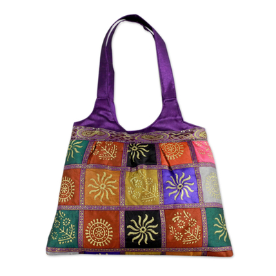 Embellished tote handbag, 'Purple in Kutch' - Purple Tote Handbag with Golden Block Prints