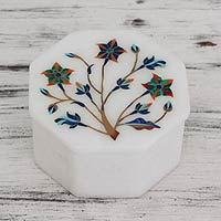 Marble inlay jewelry box, 'Ivy Tree' - Octagonal Marble Inlay Jewelry Box