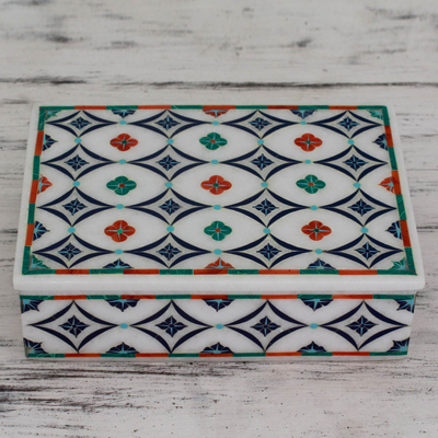 Marble inlay jewelry box, 'Floral Symmetry' - Hand Made Floral Marble Inlay Jewelry Box