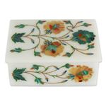 Marble inlay jewelry box, 'Floral Trio' - Fair Trade Marble Inlay Jewelry Box
