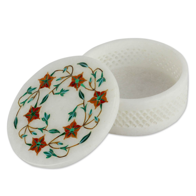 Marble inlay jewelry box, 'Mughal Garland' - Handcrafted Marble Inlay Jewelry Box