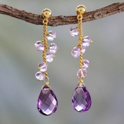 Gold vermeil amethyst dangle earrings, 'Lilac Riches' - Amethyst and Gold Vermeil Earrings