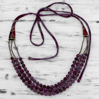 Recycled sari silk beaded necklace, 'Orchid Delight' - Purple Recycled Silk Sari Beaded Necklace
