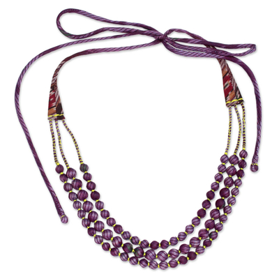 Collar de cuentas de seda sari reciclado - Collar de cuentas sari de seda reciclada púrpura