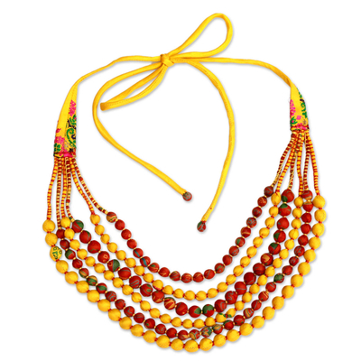 Recycled sari silk beaded necklace, 'Sun Fire' - Yellow and Red Recycled Sari Beaded Silk Necklace