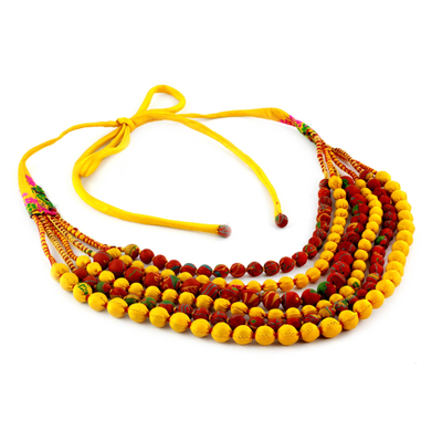 Recycled sari silk beaded necklace, 'Sun Fire' - Yellow and Red Recycled Sari Beaded Silk Necklace